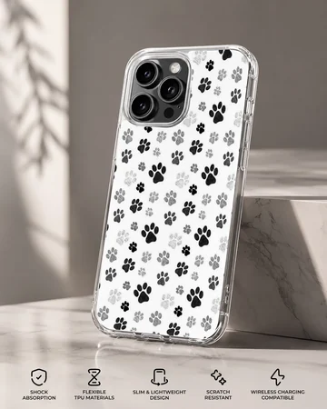 101 Dalmatians paw prints phone case featuring black and white pattern — Specs