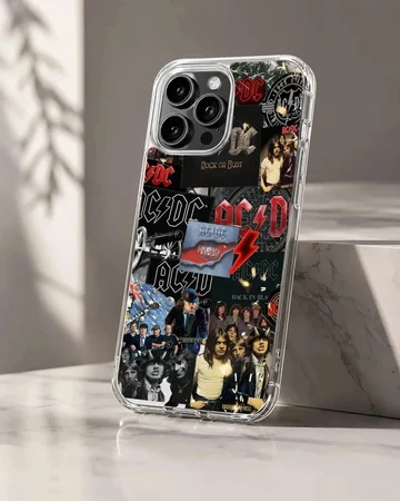 AC DC collage featuring band members and iconic logos on phone case