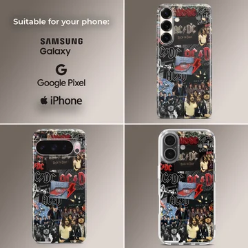 AC DC collage featuring band members and iconic logos on phone case — Collage