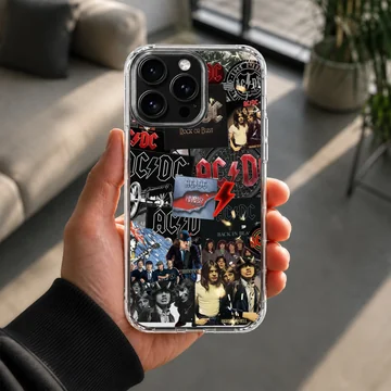 AC DC collage featuring band members and iconic logos on phone case — Lifestyle