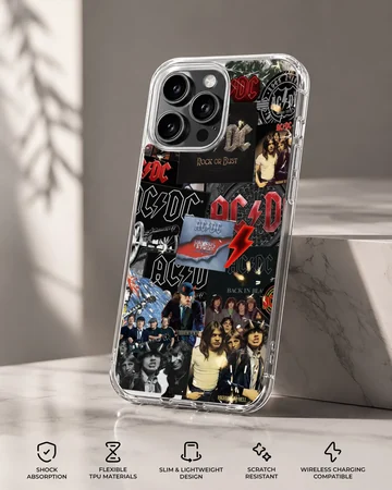 AC DC collage featuring band members and iconic logos on phone case — Specs