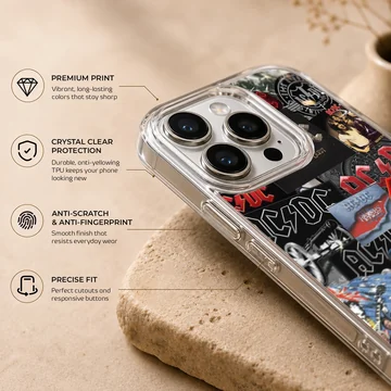 AC DC collage featuring band members and iconic logos on phone case — Info