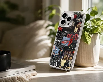 AC DC collage featuring band members and iconic logos on phone case — Lifestyle