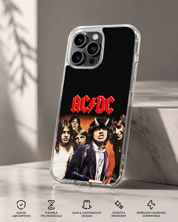 AC DC band photo artwork on black phone case — Specs