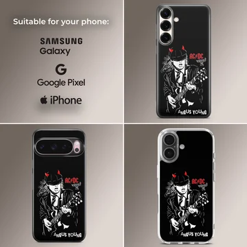 Phone case featuring AC DC and Angus Young illustration with guitar — Collage