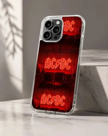 AC DC phone case with bold red typography
