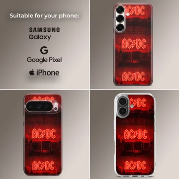 AC DC phone case with bold red typography — Collage