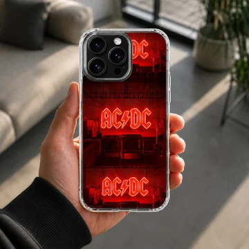AC DC phone case with bold red typography — Lifestyle