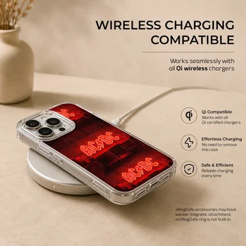AC DC phone case with bold red typography — Charging
