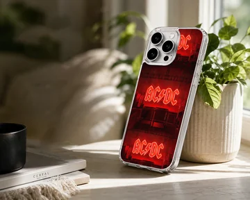 AC DC phone case with bold red typography — Lifestyle