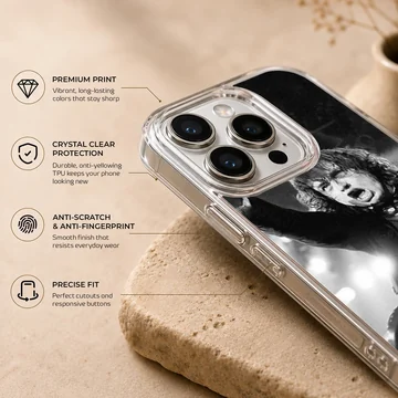 Iconic musician in black and white on phone case — Info