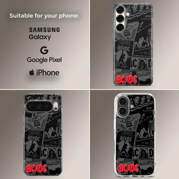AC/DC themed phone case featuring classic rock elements and bold typography. — Collage