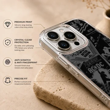 AC/DC themed phone case featuring classic rock elements and bold typography. — Info