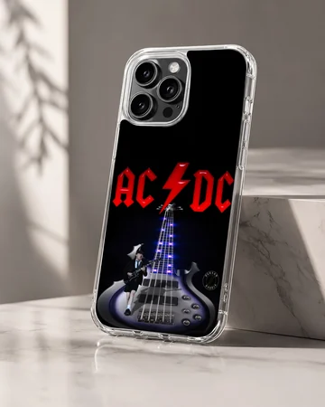 AC DC rock guitar design phone case featuring a bold electric guitar and logo. — Hero