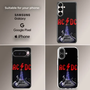 AC DC rock guitar design phone case featuring a bold electric guitar and logo. — Collage