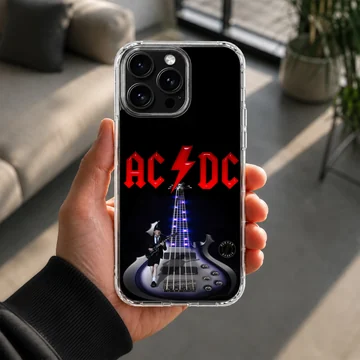 AC DC rock guitar design phone case featuring a bold electric guitar and logo. — Lifestyle