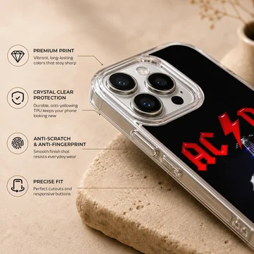 AC DC rock guitar design phone case featuring a bold electric guitar and logo. — Info