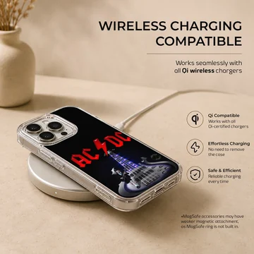 AC DC rock guitar design phone case featuring a bold electric guitar and logo. — Charging