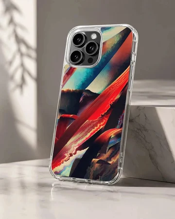 Dynamic abstract artwork featuring vibrant red, blue, and black colors on phone case