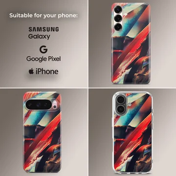 Dynamic abstract artwork featuring vibrant red, blue, and black colors on phone case — Collage