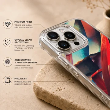 Dynamic abstract artwork featuring vibrant red, blue, and black colors on phone case — Info