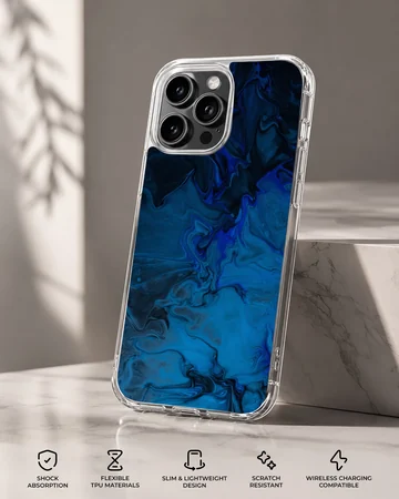 Blue abstract art design on a phone case — Specs