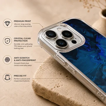 Blue abstract art design on a phone case — Info