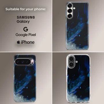 Abstract art phone case featuring a blue swirl design — Collage