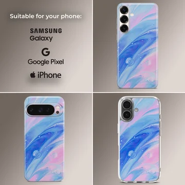 Abstract art with blue and pink swirls on phone case — Collage