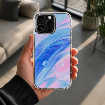 Abstract art with blue and pink swirls on phone case — Lifestyle