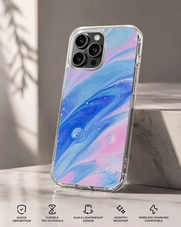 Abstract art with blue and pink swirls on phone case — Specs