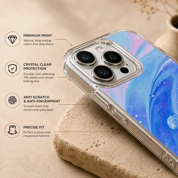 Abstract art with blue and pink swirls on phone case — Info