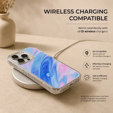 Abstract art with blue and pink swirls on phone case — Charging