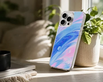 Abstract art with blue and pink swirls on phone case — Lifestyle
