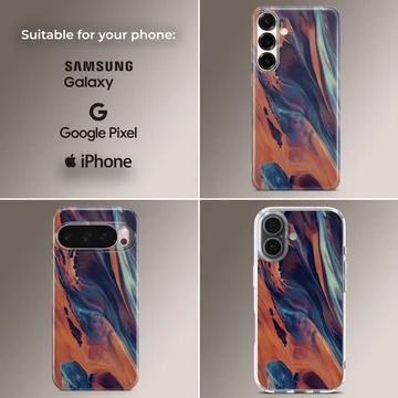 Vibrant abstract art design on phone case showcasing dynamic color flow. — Collage