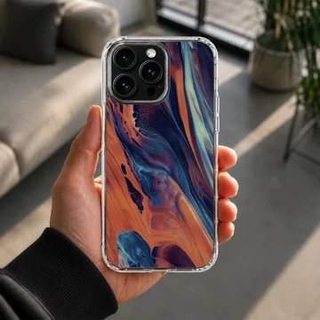 Vibrant abstract art design on phone case showcasing dynamic color flow. — Lifestyle