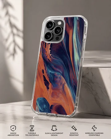 Vibrant abstract art design on phone case showcasing dynamic color flow. — Specs