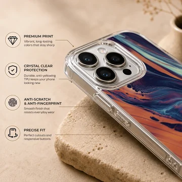 Vibrant abstract art design on phone case showcasing dynamic color flow. — Info
