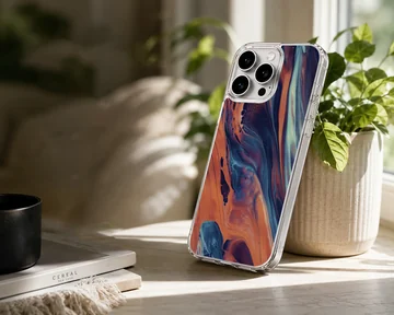 Vibrant abstract art design on phone case showcasing dynamic color flow. — Lifestyle