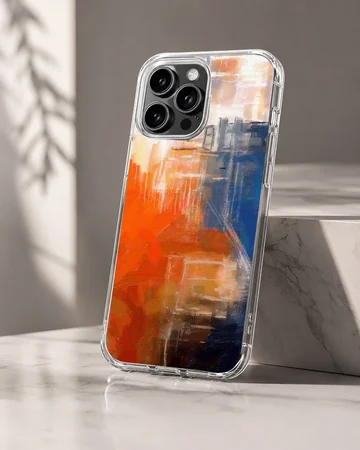 Abstract art phone case with dynamic red, blue, and orange design — Hero