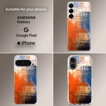 Abstract art phone case with dynamic red, blue, and orange design — Collage