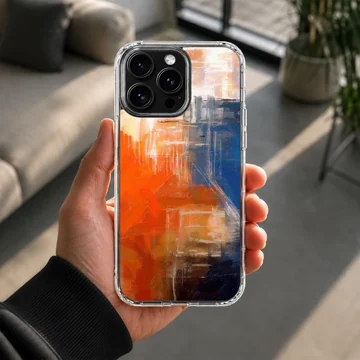 Abstract art phone case with dynamic red, blue, and orange design — Lifestyle