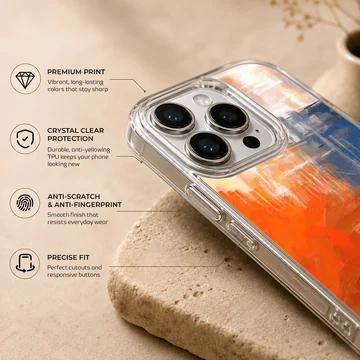 Abstract art phone case with dynamic red, blue, and orange design — Info