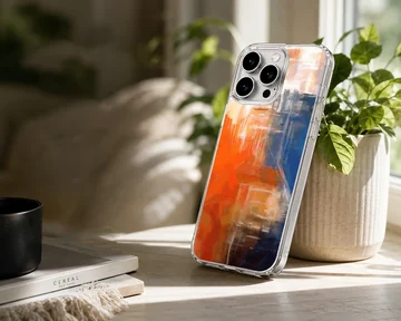 Abstract art phone case with dynamic red, blue, and orange design — Lifestyle