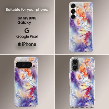 Abstract art design featuring colorful, serene swirls on phone case — Collage
