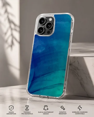 Blue and green abstract art design on phone case — Specs