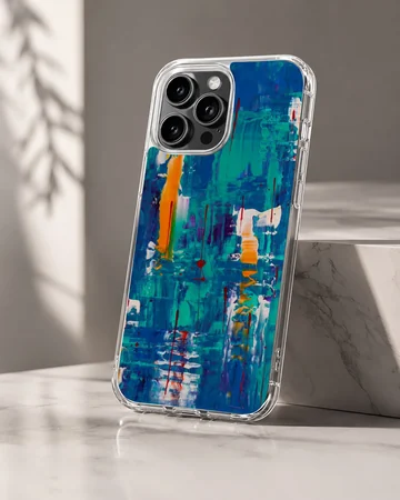 Dynamic abstract art design with vibrant blue and orange colors on phone case — Hero