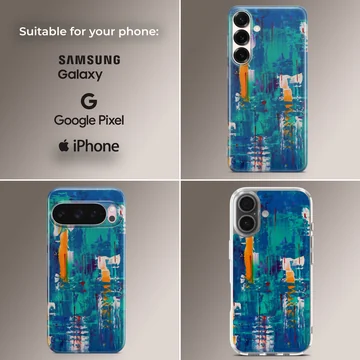 Dynamic abstract art design with vibrant blue and orange colors on phone case — Collage
