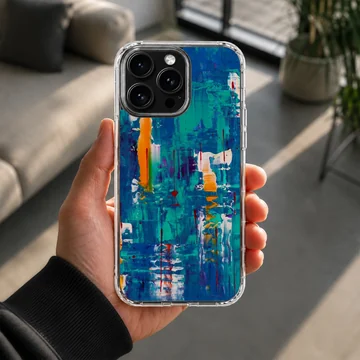 Dynamic abstract art design with vibrant blue and orange colors on phone case — Lifestyle