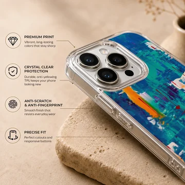Dynamic abstract art design with vibrant blue and orange colors on phone case — Info